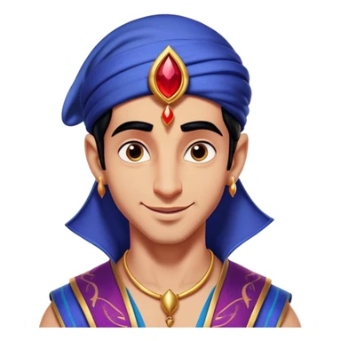 Cinematic Realistic Aladdin Portrait, head tilted playfully and inquisitively, showcasing his roguish charm and bright, mischievous eyes. His signature attire is rendered in exquisite detail with dynamic natural highlights, and a hint of magic sparkles about him—embodying a youthful, adventurous energy with friendly power. sticker
