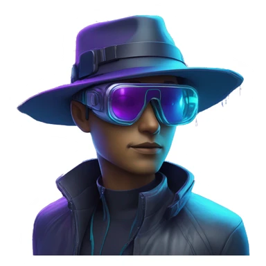 Secret human agent in a hat with  cyberpunk elements in Apple VR googles scanning looking reviewing multicolor lines of code, cyan and purple colors, only upper body portrait sticker