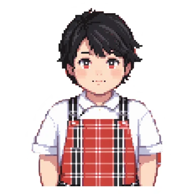 chubby boy with black hair styled upward in front, wearing a red and white checkered plaid apron sticker