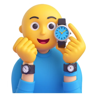 A yellow emoji face with a worried expression, looking at a wristwatch with raised eyebrows, showing urgency and stress sticker