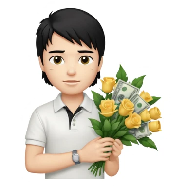 generate a pretty fair bratz boy with a messy mullet (black hair), wearing a white polo.  carrying a bouquet made of CASH. expensive car behind him sticker