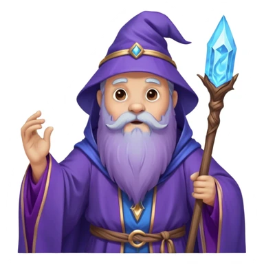A wise old bear wizard with long beard casting a blue spell with wooden staff and purple flowing robes sticker