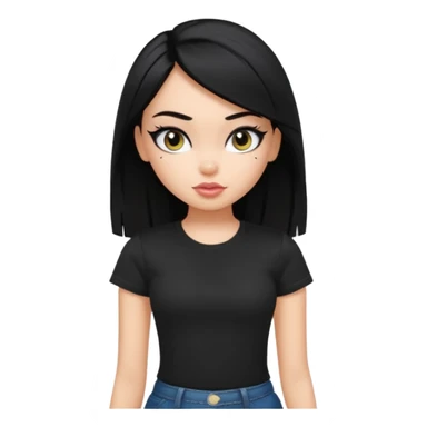 a pretty bratz girl with straight black hair wearing a black tshirt, eyeliner, side part. waist up sticker