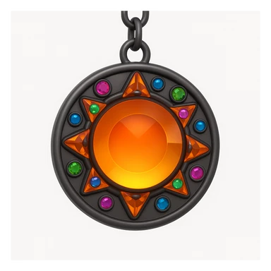 Transform this into a charm: add a black chain attached to the top and small colorful gemstone accents around the main amber gem, keep the 3D emoji style sticker