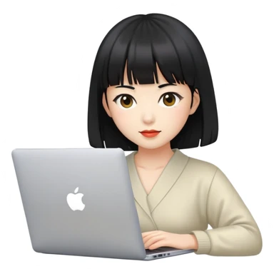 japonesa de pele clara e cabelos pretos com franja na altura das sombracelhas mexendo em um notebook portátil da Apple  sticker