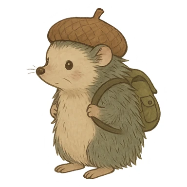 hedgehog with a tiny backpack and acorn hat, muted browns and sage green, ghibli style sticker