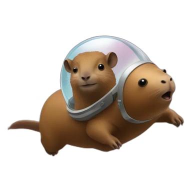 Capibara flying though space with a helmet sticker