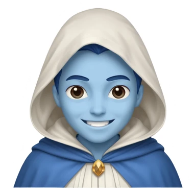 villain smiling with a white cloak, blue skin, cute sticker