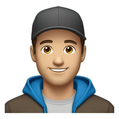 caucasian, male, dark brown hair, dark brown eyes, snap back cap, smiling, blue hoodie sticker