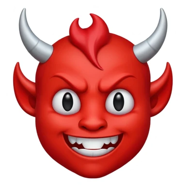 CARTOON STYLE EMOJI of a RED DEVIL FACE with small HORNS pointing up, BLACK EYES, and a MISCHIEVOUS SMILE. The entire face is RED with a smooth glossy texture. BACKGROUND is PURE WHITE, clean and simple. sticker
