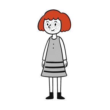 Add freckles to the girl's face, keep short red hair and flat chest, in a doodle style illustration. sticker