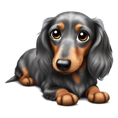Laying On his back. Long haired dapple dachshund, tan, gray & black. Full body  sticker