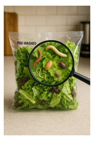 Insalata in busta ricca di pa transparent plastic bag of pre-washed salad sits on a kitchen counter. Through the bag, small, detailed images of various parasites (such as worms, larvae, or microscopic bugs) are visible among the lettuce leaves. A magnifying glass hovers over the bag, enlarging the parasites for emphasis. The mood is cautionary and educational.arassiti sticker