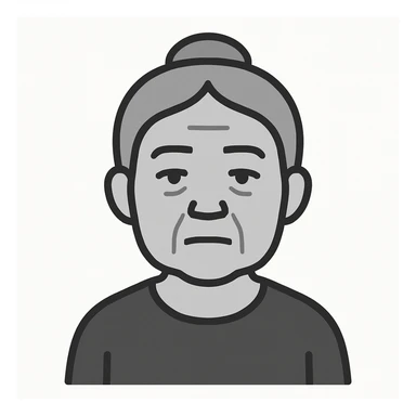 minimalistic style portrait of old Asian woman with grey hair in a bun and stoic face sticker
