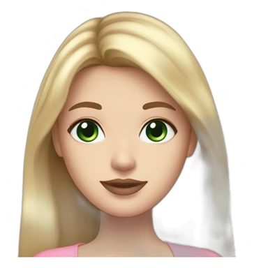 Female with long brown hair. Light bang. Dark Green eyes. Pale skin. Aesthetic cute pink outfit. Pink lipstick. Blonde eyebrows  sticker