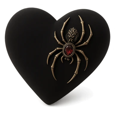 gothic heart in 3D black style, black velvet texture, silver spider brooch, deep red gemstone, ornate and dark sticker