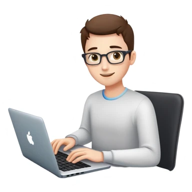 Create an emoji-style illustration of a person using a laptop. The person should have a friendly expression, with focused eyes looking at the screen. The laptop should be modern and slightly open, showing a glowing screen. The character should be sitting comfortably, with hands on the keyboard, conveying engagement in work or coding. The style should be similar to existing emoji aesthetics, with smooth shading and vibrant colors. The background should be minimal or transparent sticker