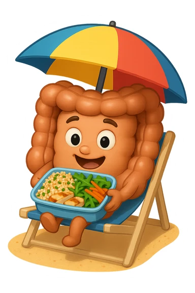 EMOJI STILE IPHONE DI INTESTINO IN SPIAGGIA SU UNA SPIAGGINA SOTTO L'OMBRELLONE CON IN MANO UNA SCHISCETTA DI Insalata di quinoa e pollo con rucola e carote, iperrealistica 4k sticker