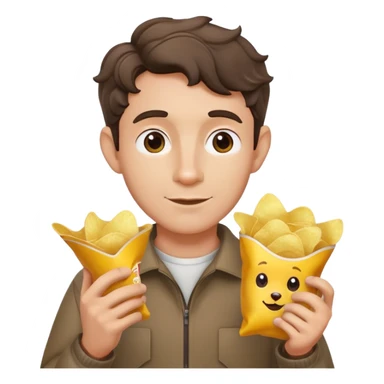 Man with short wavy hair, large ears, holding potato chips sticker