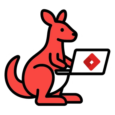 stylized kangaroo with a laptop, modern and techy, red and white YouTube color scheme, Microsoft Power Pages theme icon sticker