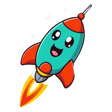 A cartoon rocket toy with stars, a happy expression and little arms sticker