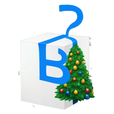 "white box with blue illustrations and a bold 'B' logo in the middle, placed beside a vibrant green Christmas tree. sticker
