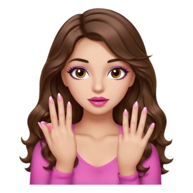 girl with long wavy brown hair, brown eyes, light to medium complexion, in a pink sexy top, pink lips, long lashes, puckered lips, showing my manicure one hand 5 fingers sticker