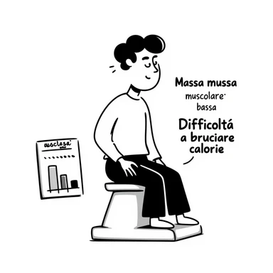 Uomo seduto su una bilancia, viso perplesso, accanto una tabella che mostra “Massa muscolare: bassa”, testo in italiano: “Difficoltà a bruciare calorie”. sticker