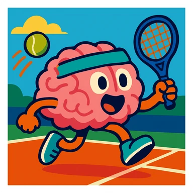 a brain playing tennis, fun and energetic, vibrant cartoon style sticker