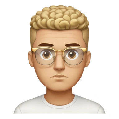 Man with angular square face, thick straight eyebrows, short fade haircut with faded sides and curly top, light stubble, neutral serious expression, wearing large square gold glasses sticker