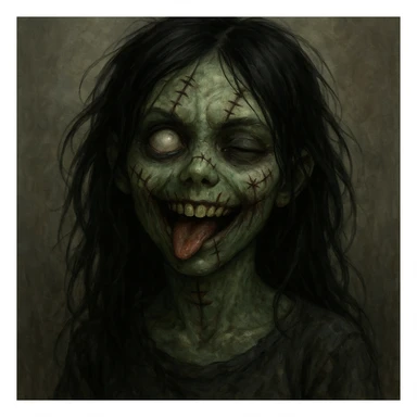 zombie girl, black hair, stitched face, playful expression sticker