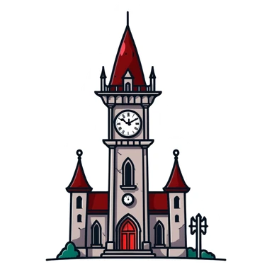 Gothic clocktower with blood running down its stone walls, creepy atmosphere sticker