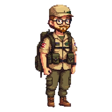 adventurer with goatee beard (no beard on cheeks), short hair, glasses, backwards military tan cap and backpack sticker