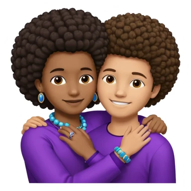 Tan male with short straight, light,brown hair, smiling and hugging a darkblack African girl with Afro in purple clothes with blue jewelry sticker
