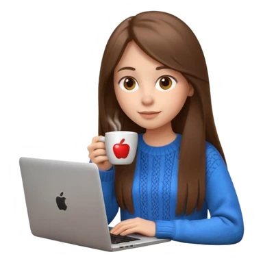 young woman 20 years old, long straight brown hair, wearing a sweater, drinking coffee and working on a laptop, 3D Apple emoji style sticker