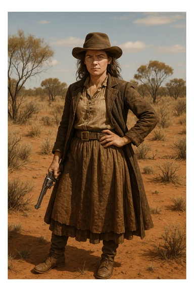 1850s female bushranger, rugged, period clothing, hat, confident stance, Australian outback, historical style sticker