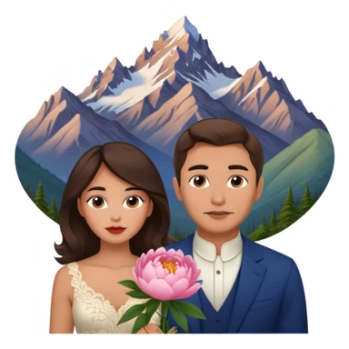 Couple traveling in Montenegro russian man and elegant  Latina girl delicate peonies and mountains in the background  sticker