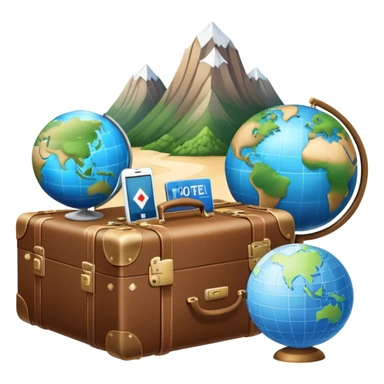 An icon featuring a suitcase, a hotel bell, and a globe, symbolizing tourism and hospitality. The design includes a scenic landmark, like a mountain or beach, and a check-in desk, representing travel and accommodation services. Transparent background sticker