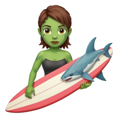 orc female holds a little surfboard with a shark painted vertically in his hands sticker
