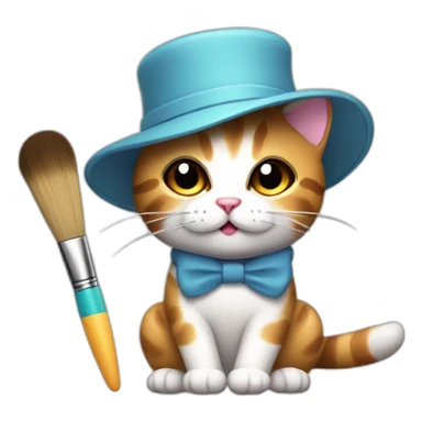 Kawaii cat artist in hat with palette and brush so it can be used as a mouse cursor sticker