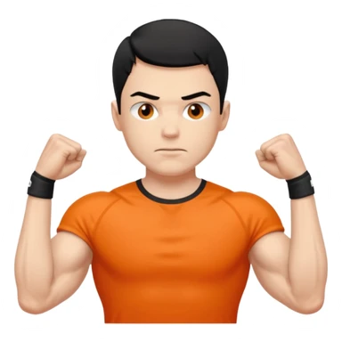 Mach mir einen unglücklichen typen der im gym trainert und viele muskeln hat mit einem orangen sport thshirt und schwarzen kurzen haaren sticker