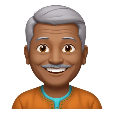 50 yr old indian man, dark skin, grey hair, big smile, white teeth, chubby, no moustache, clean shaven, young style hair, bindy, hair brushed up sticker