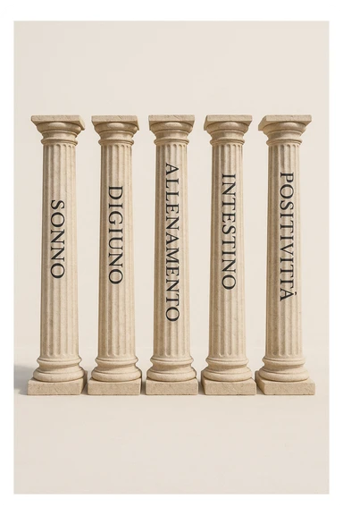 5 pilastri con le scritte "SONNO", "DIGIUNO", "ALLENAMENTO", "INTESTINO", "POSITIVITà" IMMAGINE IPERREALISTICA SFONDO CHIARO IN ITALIANO sticker