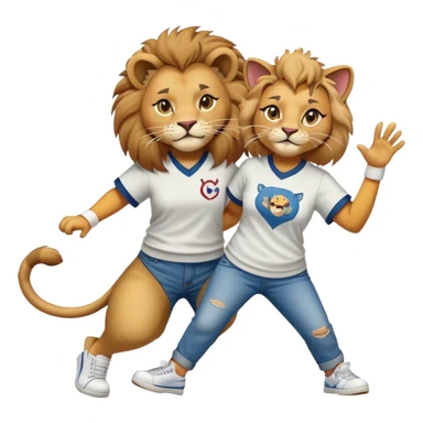 friendly anthropomorphised female lion in a baseball shirt, jeans, and trainers helping a hiphop female cat up after falling sticker