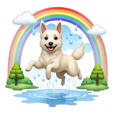 Beautiful White belgian Shepard jumping Cheerful  over Rain puddles. There is a rainbow in the sky and trees in the background sticker