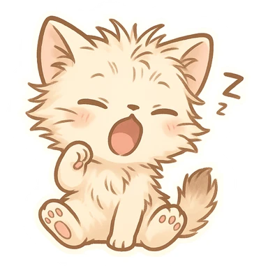 chibi style cat waking up, tiny paws, messy fur, cute expression sticker