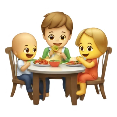 A baby in the kids chair and his parents are eating helsi food  by the table  sticker