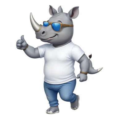 friendly anthropomorphised rhino in jeans and t-shirt, wearing dark sunglasses, jogging upright, standard pose sticker