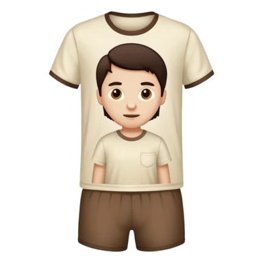 Pajamas with dark brown shorts and a light cream T-shirt sticker
