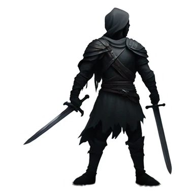 Dark, moody artwork of a lone warrior with a large sword on his back, standing in a shadowy, mysterious setting. sticker
